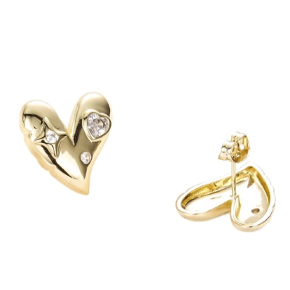 14k Gold Plated Heart Stud Pierced Earrings w/ Cubic Zirconia - Picture 2 of 3